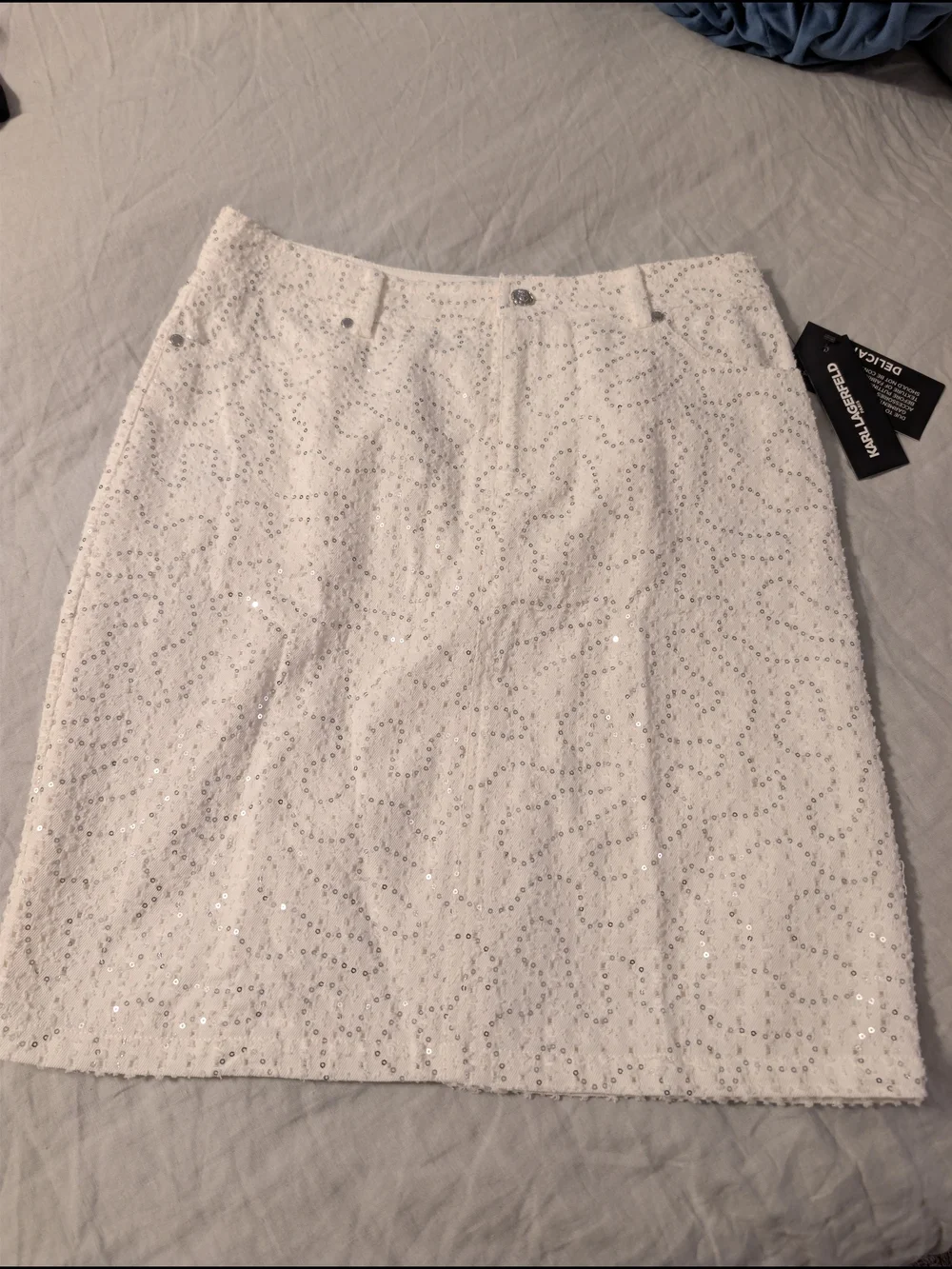 NWT Karl Lagerfeld Paris White Sequin Denim Pencil Skirt Size 8 Glam